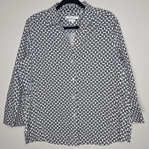 Foxcroft Womens XL Geometric Chain 3/4 Sleeve Black White Button Up Shirt Office